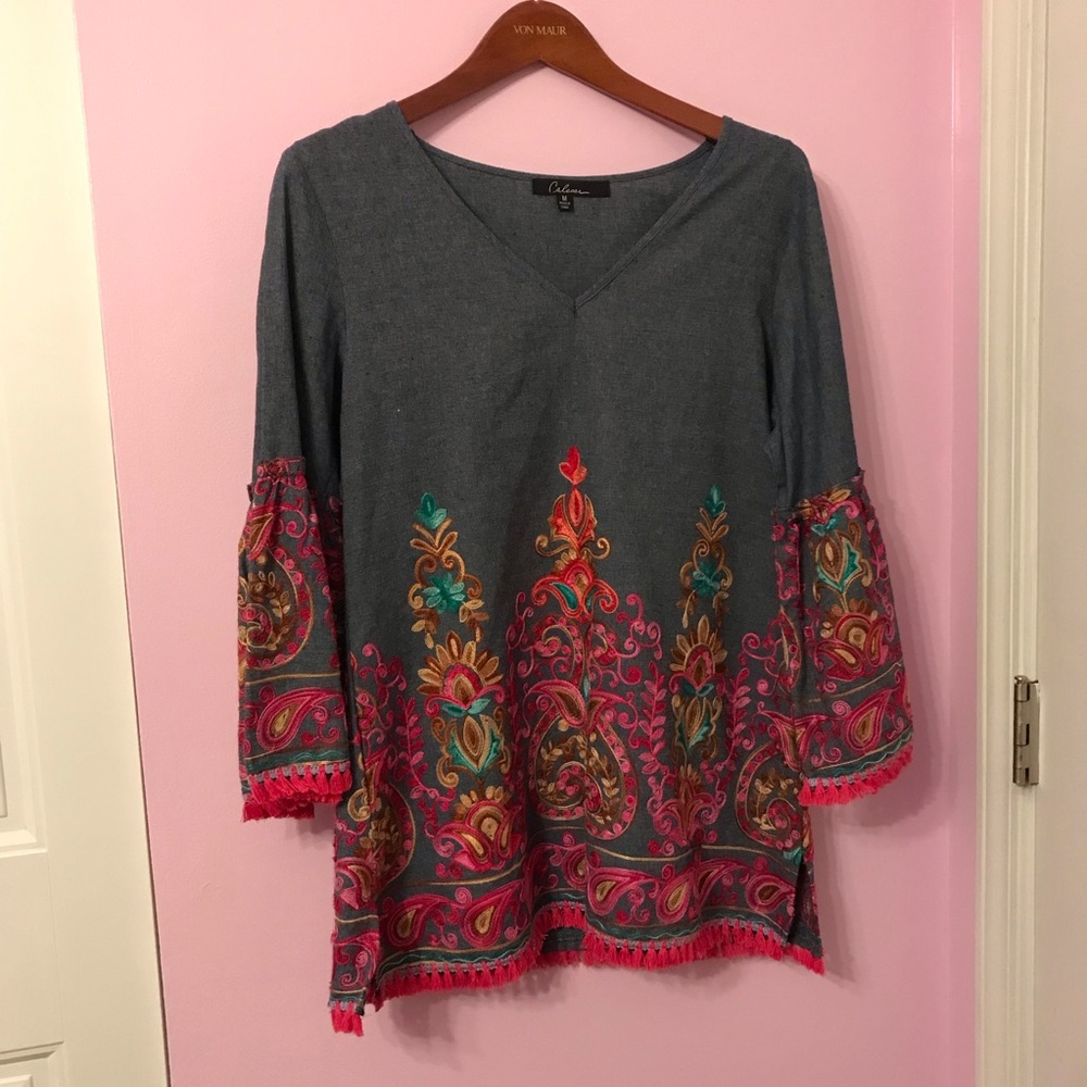 Calessa Embroidered Denim Tassel Tunic size medium